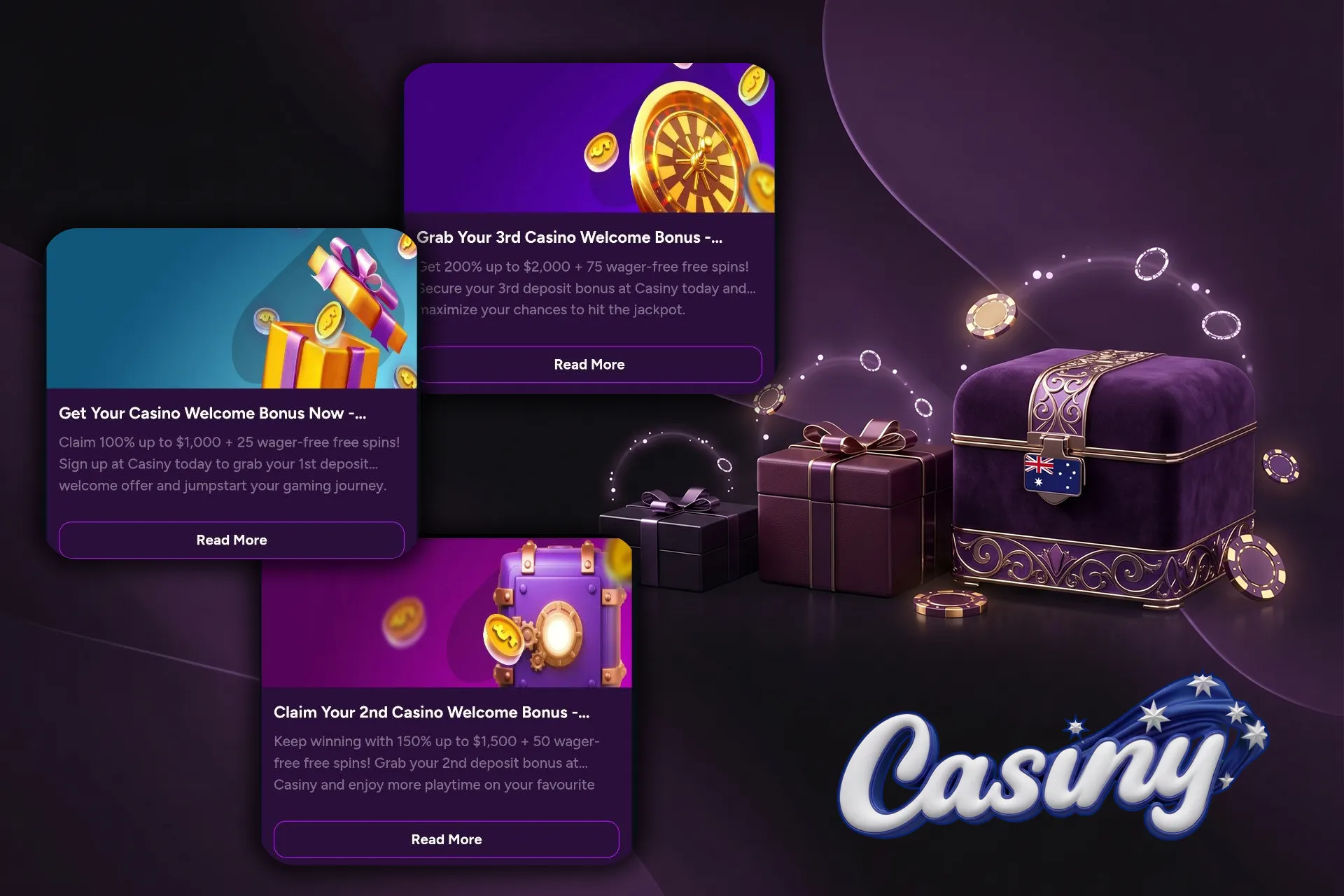 Generous welcome package for new players at Casiny, showing deposit bonus tiers and a purple treasure chest decorated with the Australian flag