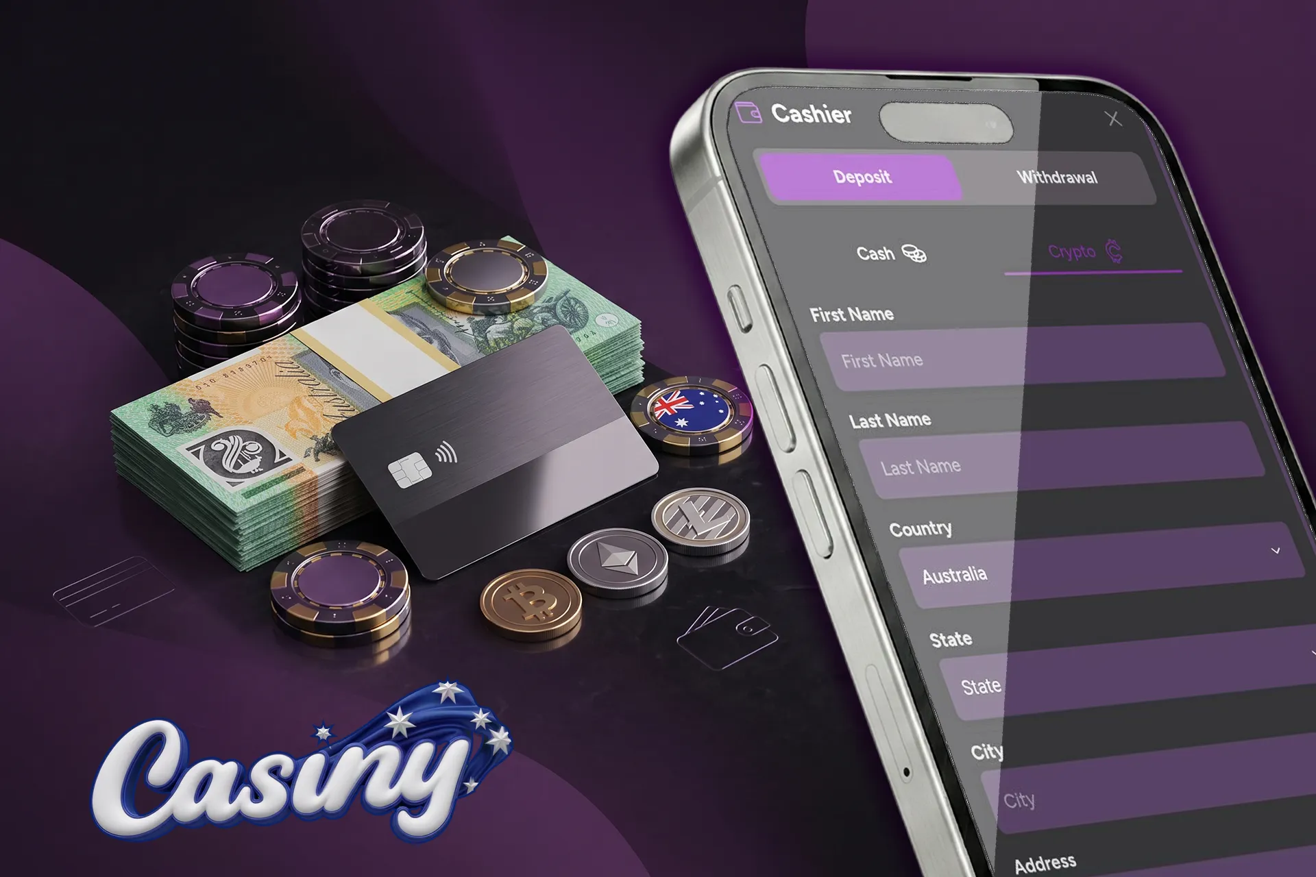 Safe banking options for online casinos including AUD cash deposits and cryptocurrency, displayed with a credit card, crypto coins, and Australian dollars